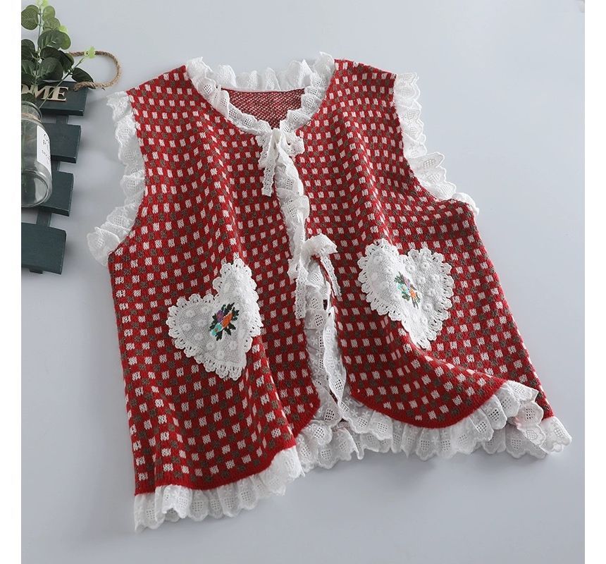 Santeh - Geruite bloemen geborduurde kanten gilet