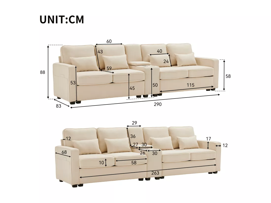 Canapé 4 places - 290 x 83 x 88 cm - avec 2 porte-gobelets, 2 ports USB, 2 poches et 4 coussins - Tissu en lin - Beige