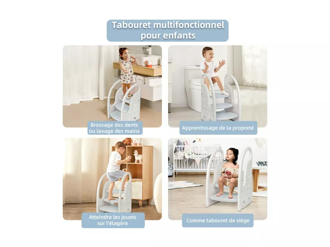 Marchepied Enfant 3 Marches Antidérapant pour Apprentissage de la propreté, Tabouret Bébé Gris et Beige, Structure Triangulaire, Rehausseur Stable