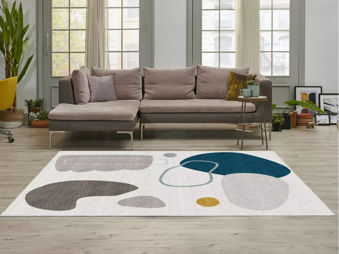 Tapis design à motifs abstraits - 160 x 230 cm - Blanc gris et bleu - KIMIA