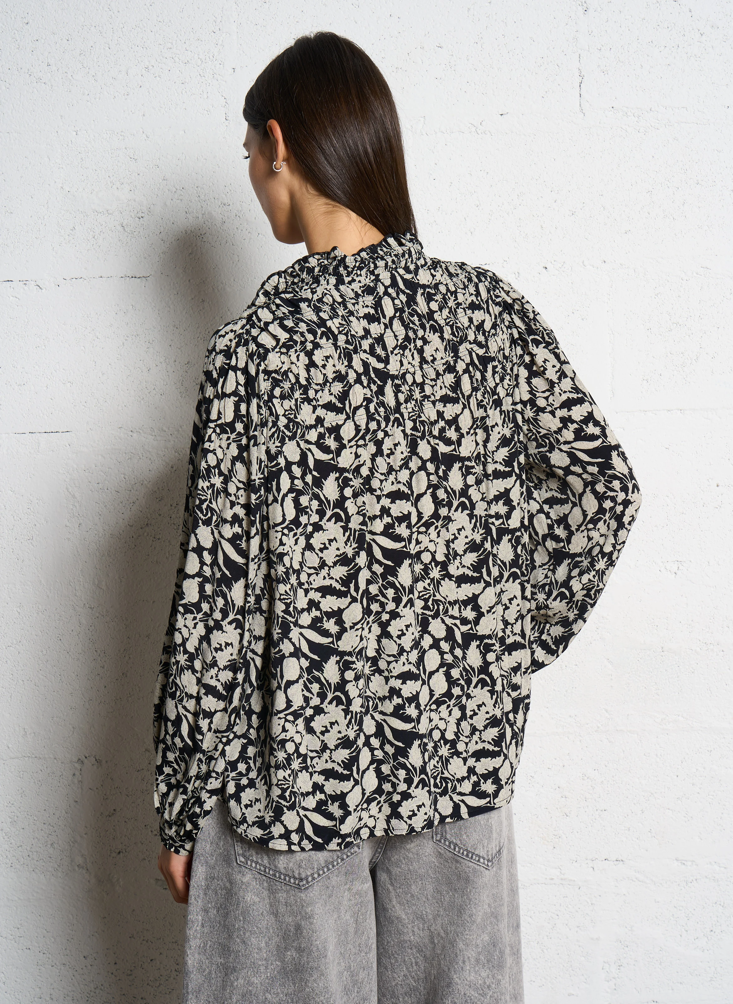 Blouse col V droite imprimée | Noir