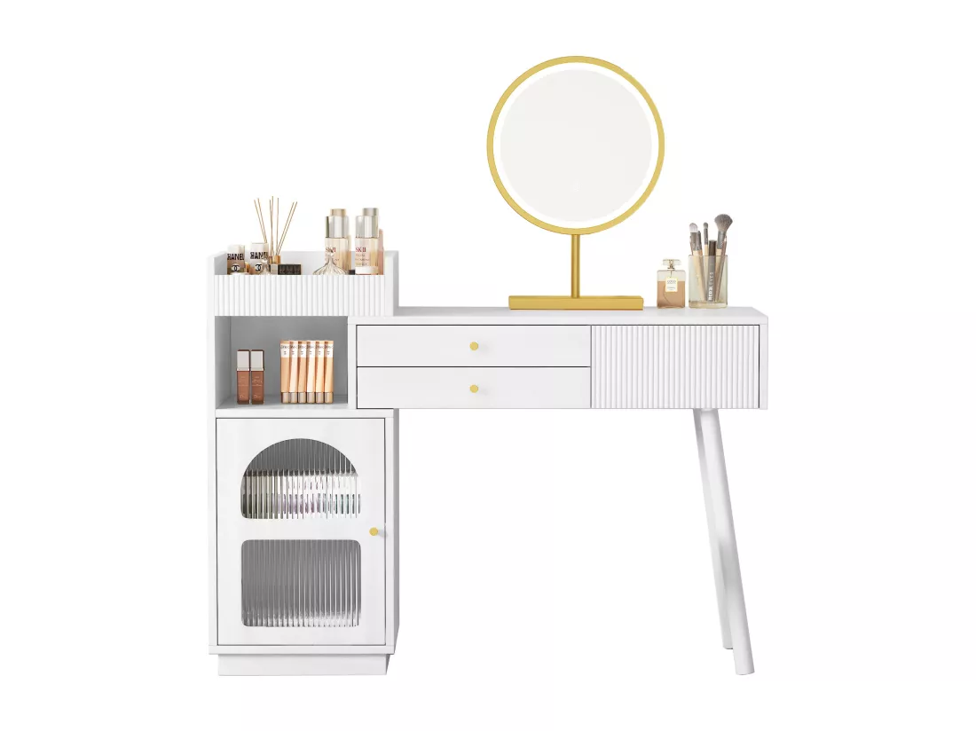 Coiffeuse avec miroir et éclairage LED - 3 tiroirs et une armoire latérale - Blanc(tabouret non inclus)