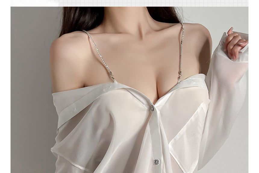 Candyiry - Set: Effen doorschijnende lingerie-shirtjurk + string + bandje met strass