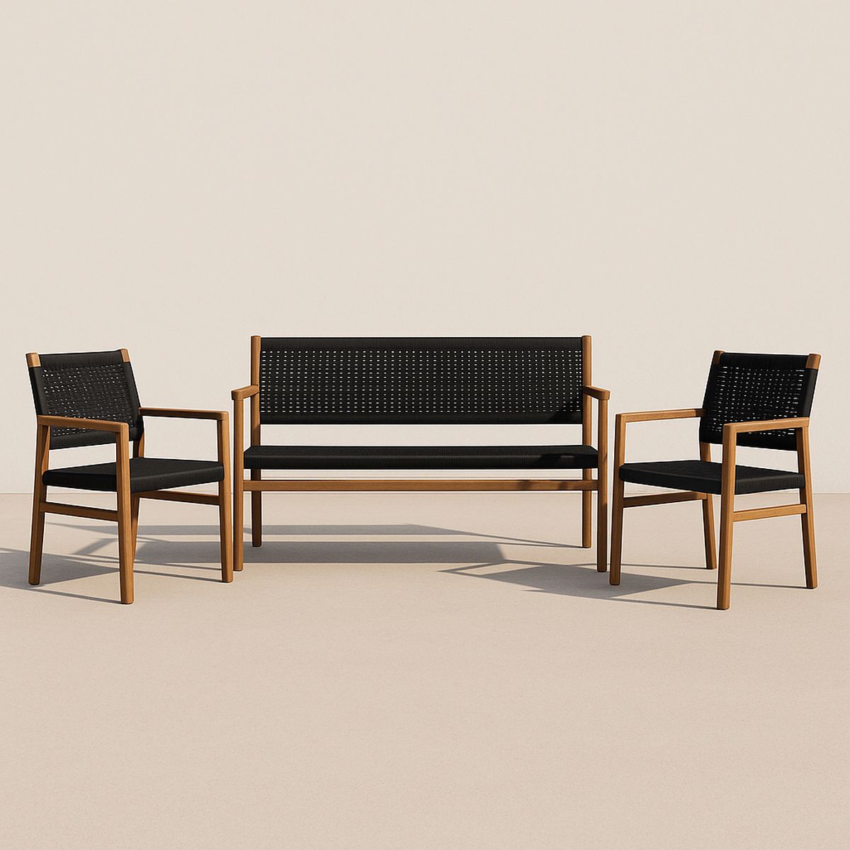 Gartenmöbel Set Teakholz und Geflecht Schwarz 3-teilig
