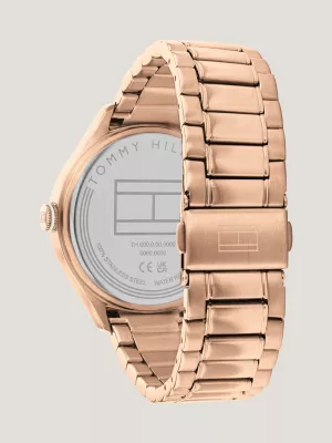 Relógio de pulso com pulseira, mostrador branco e banho de ouro rosa.