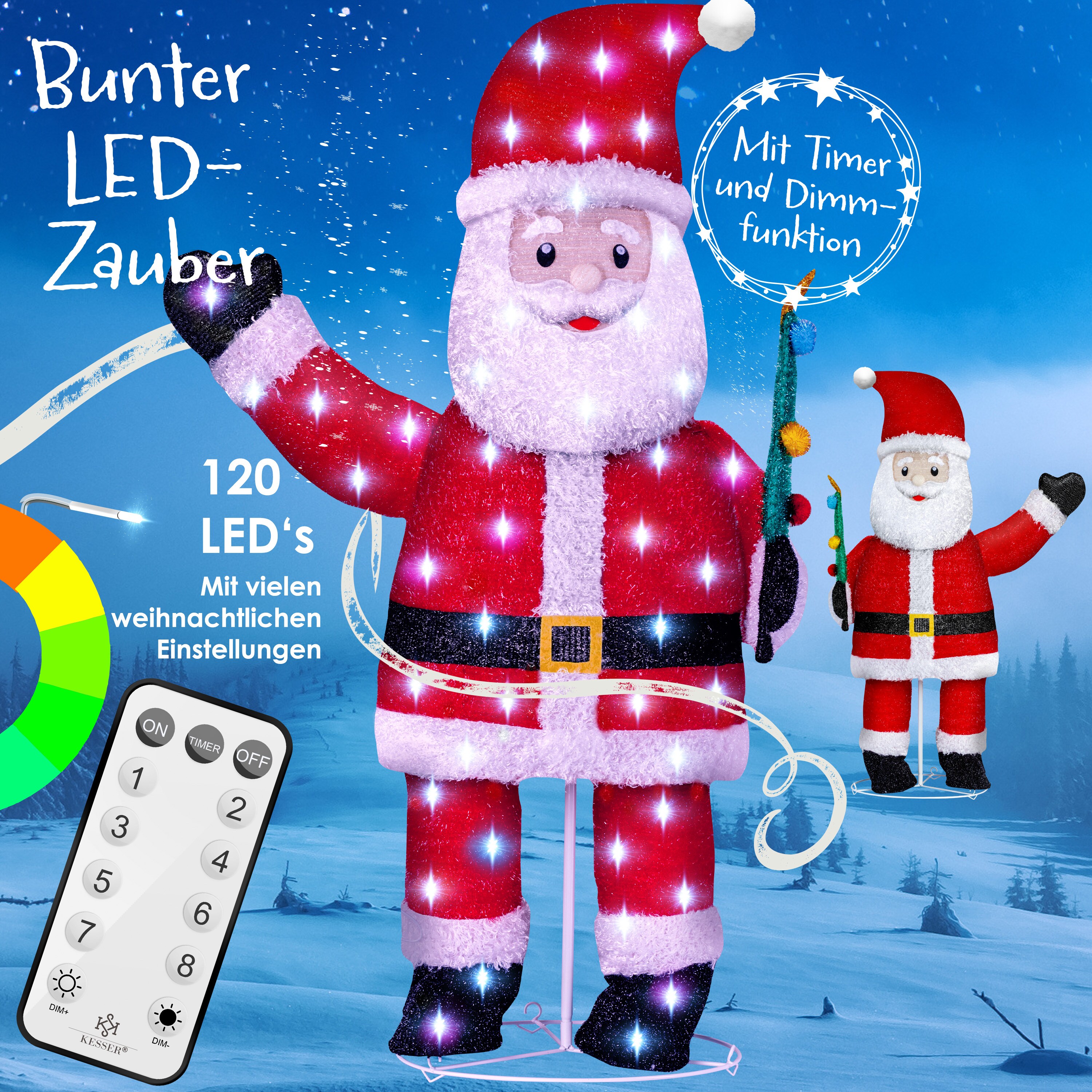 KESSER® LED Weihnachtsmann Santa mit Fernbedienung - Mit 8 Modi Bunter Farbspiel- Timer 24H Weihnachtsfigur Beleuchtet Weihnachtsdekoration für Indoor & Outdoor IP44 Weihnachtsbeleuchtung