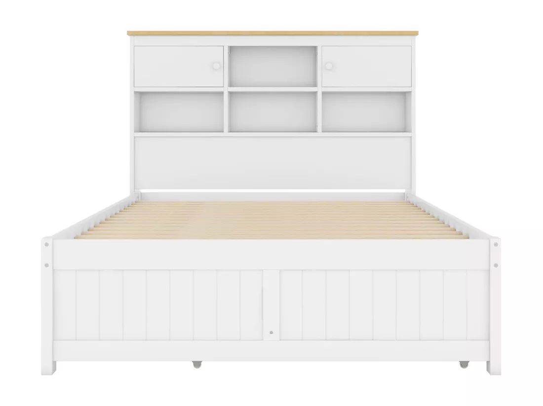 Lit gigogne 140x200cm+90x190cm, avec 3 tiroirs, avec sommier à lattes et tête de lit avec plusieurs rangements, blanc