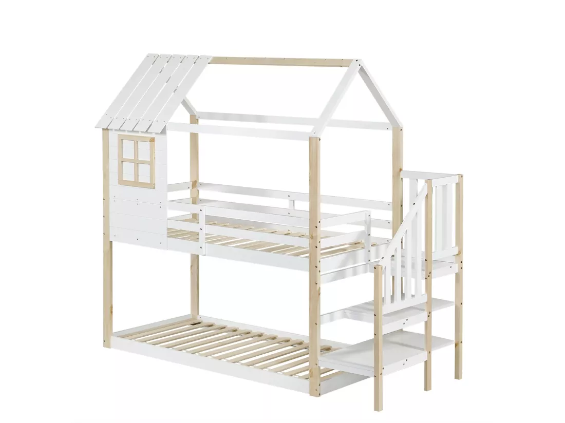 Lits superposés cabane avec escaliers d'angle et clôtures - 2 x 90 x 200 cm - double certifié FSC et EN747 - Pin - Blanc