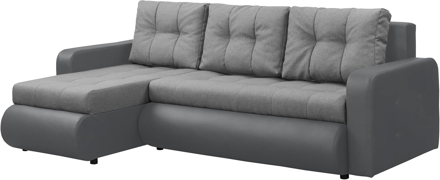 Fabio Ecksofa mit Schlaffunktion und Bettkasten - Sofa mit 3 Sitzen Überzug - Schlafcouch L-Form Universal - Modern Couch - 226x143x83 cm - Grau-Grau
