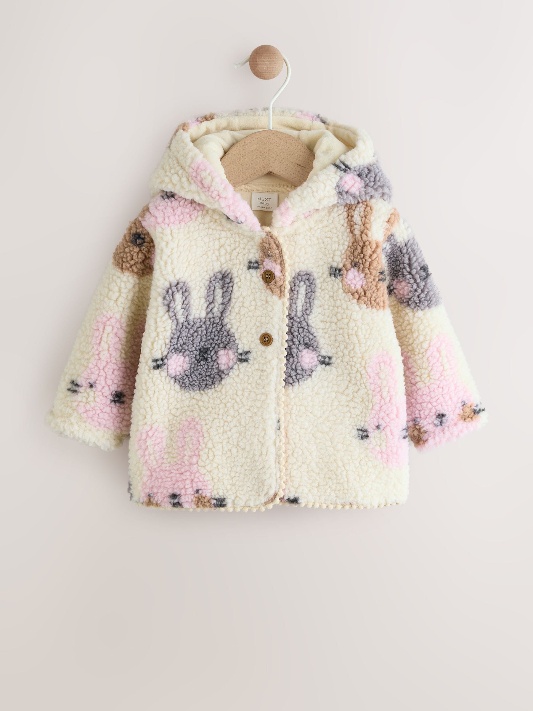 Ecru en roze konijnenprint - Borg babyjack met capuchon (0mnd-2jr)
