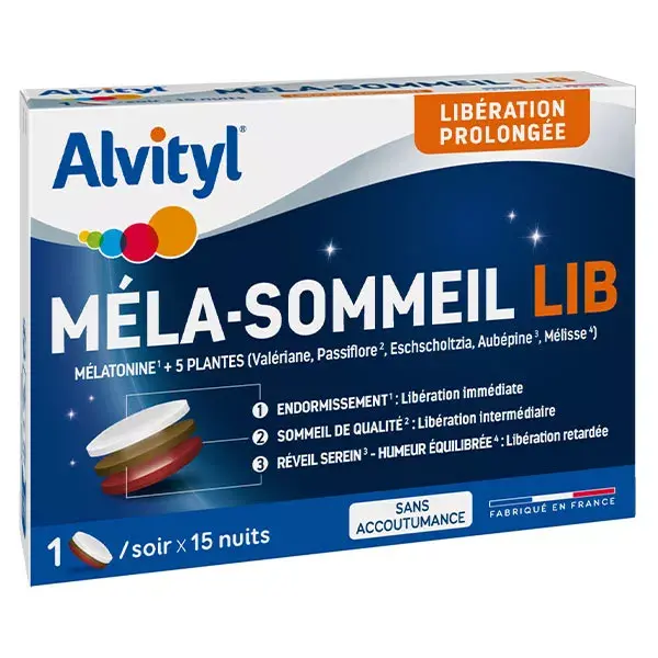 Alvityl Mela-Sommeil LIB Melatonina + 5 plantas, para maiores de 18 anos, 15 comprimidos