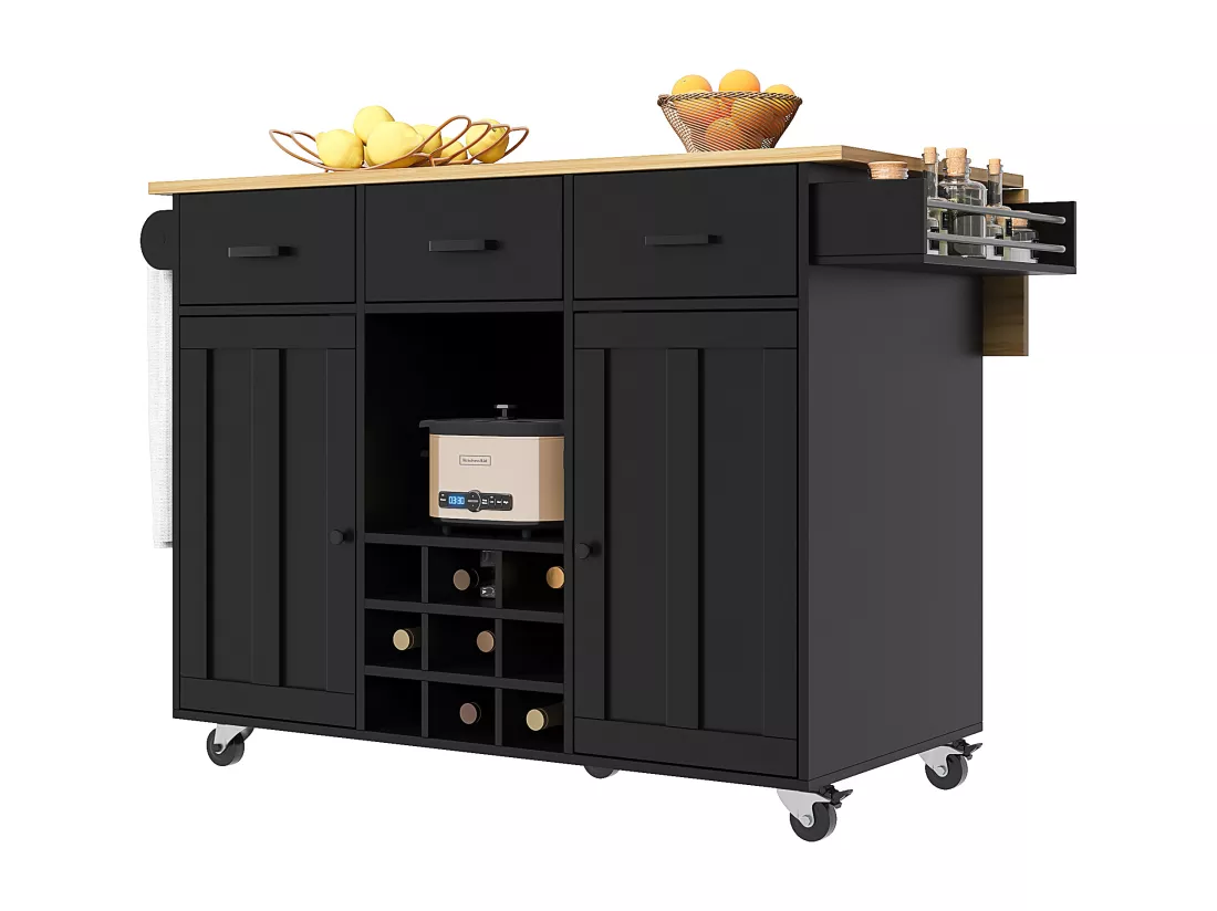 Ilot central de cuisine - chariot à roulette avec plateau extensible - 3 tiroirs et 2 portes - Noir