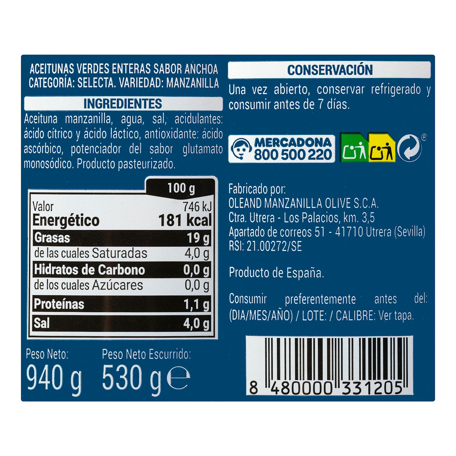 Olives vertes dénoyautées Hacendado au goût d'anchois