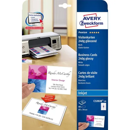 Avery Zweckform C32028-10 Premium Visitenkarten, 85 x 54 mm, beidseitig beschichtet, 80 Karten / 10 Bogen
