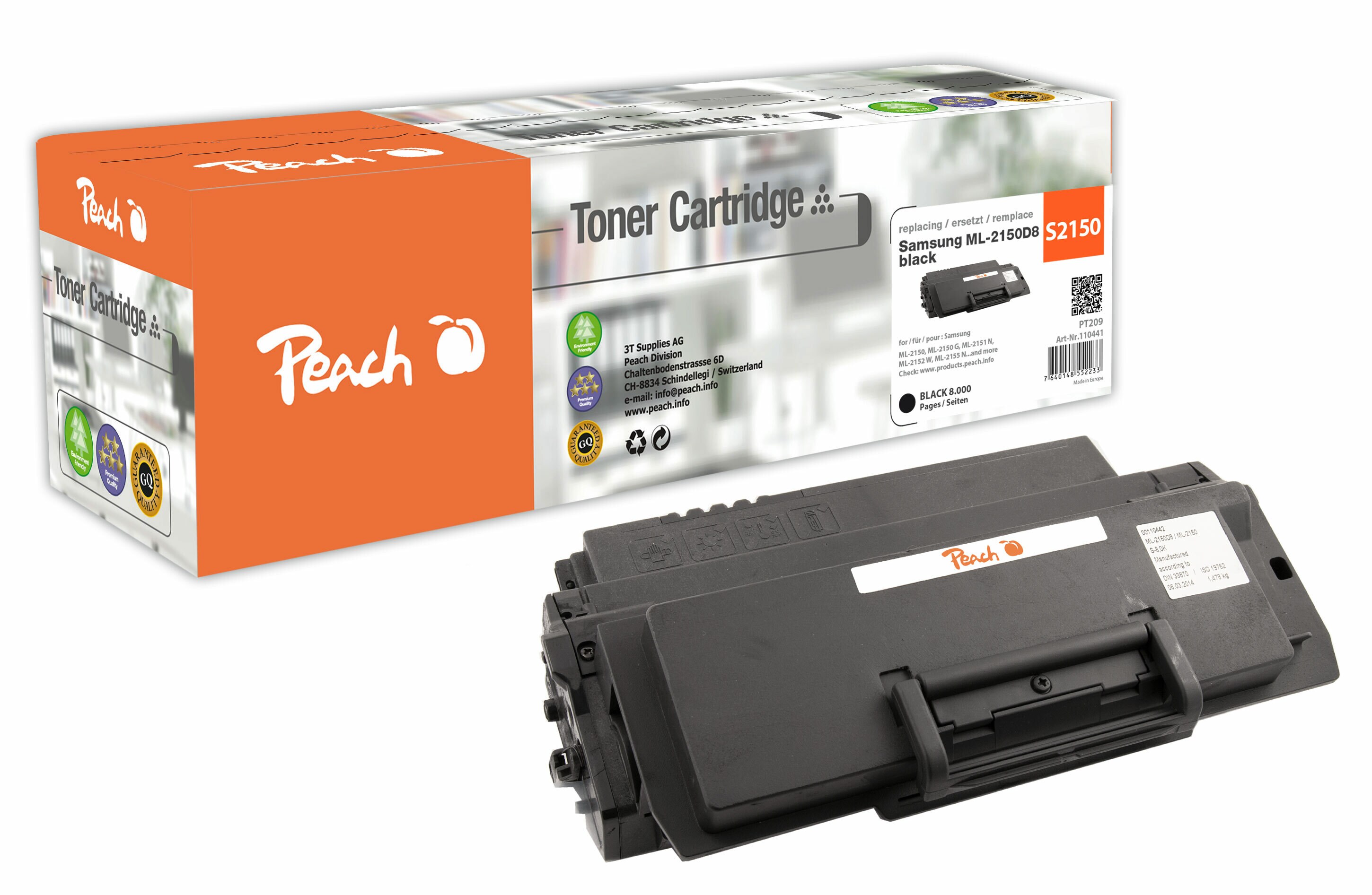 Peach S2150 BK Toner bk ersetzt Samsung No. 2150BK, ML-2150D8/ELS für z.B. Samsung ML -2150, Samsung ML -2150 G, Samsung ML -2151 N (wiederaufbereitet)