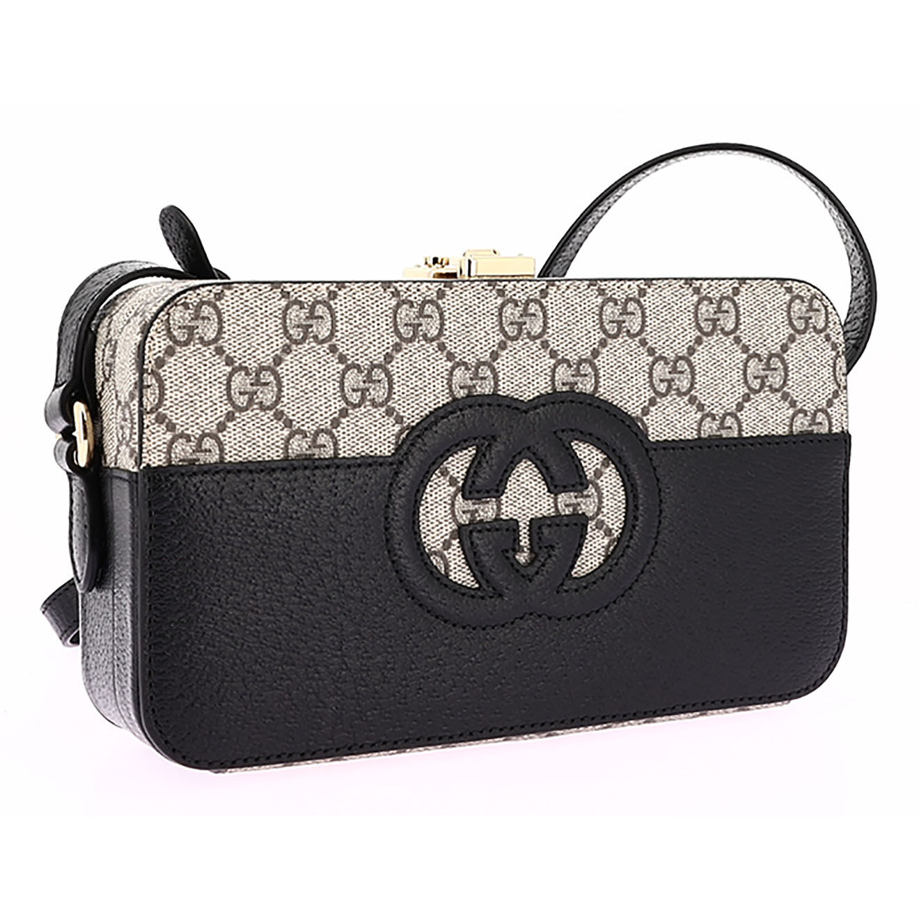 Gucci Sac bandoulière Interlocking en Toile enduite Monogramme & Cuir beige/noir - Neuf sans étiquette - L.20 cm