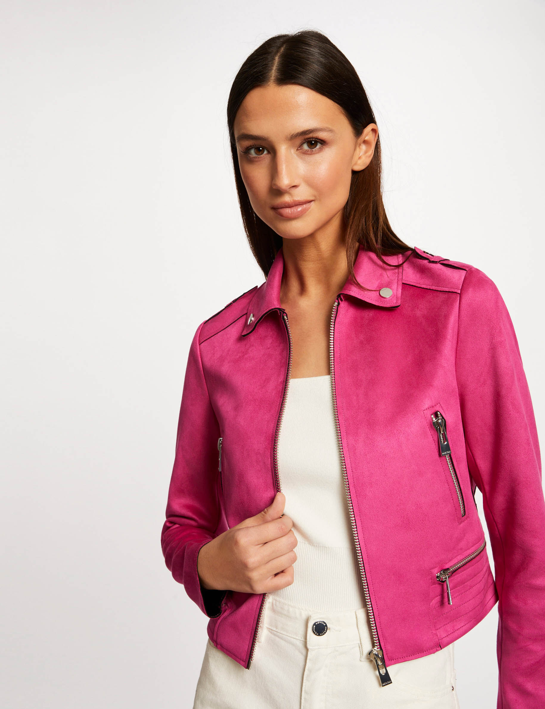 Blouson droit aspect suédine framboise femme - framboise