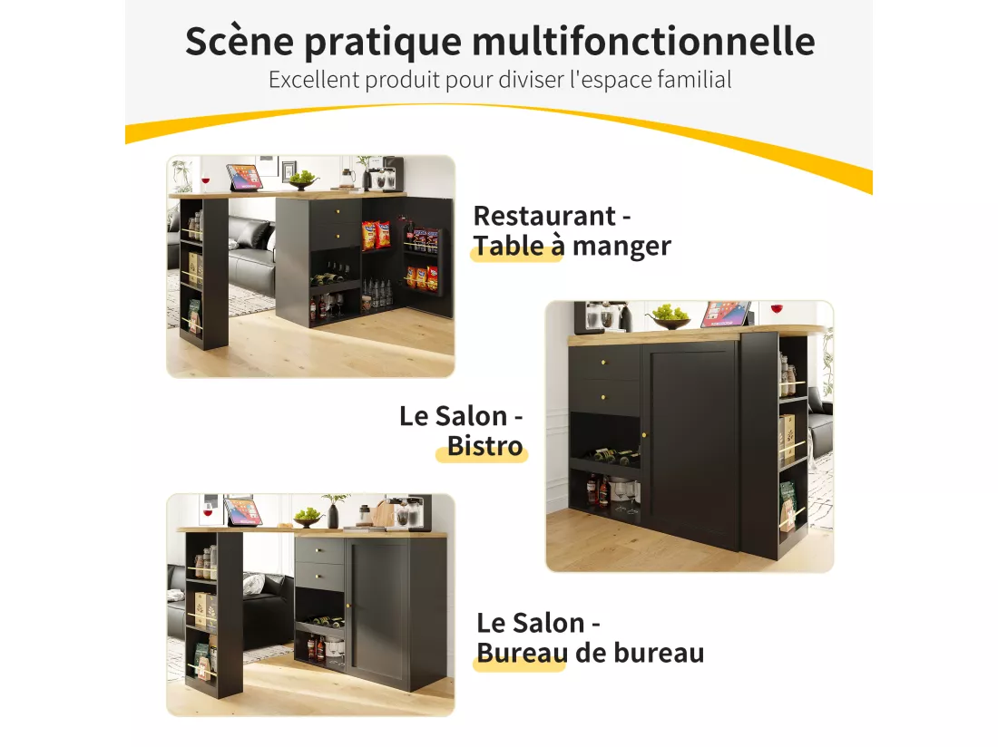 Buffet、Meuble de bar pivotant et escamotable - 2 tiroirs et 6 compartiments - Noir
