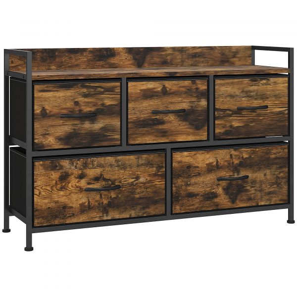 Homcom Cómoda com 5 Gavetas de Tecido Cómoda de Estilo Industrial com Estrutura Metálica para Quarto 98x29x63 cm Castanho Rústico - 831-755V00RB