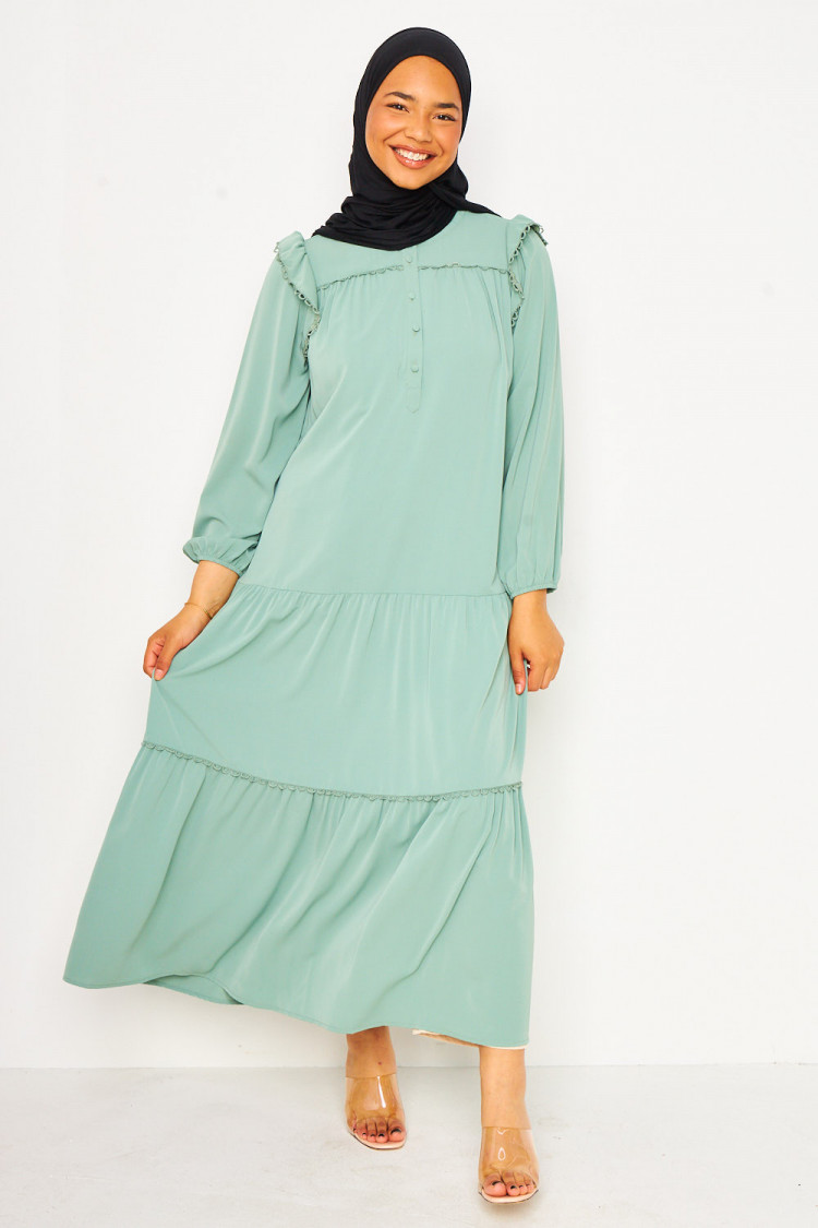 Abaya longue vert clair à détails crochet