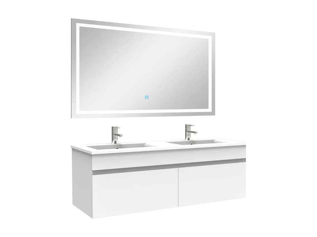Ensemble meuble Salle de Bain 120cm Blanc double vasque + miroir lumineux 3 couleurs + dimmable