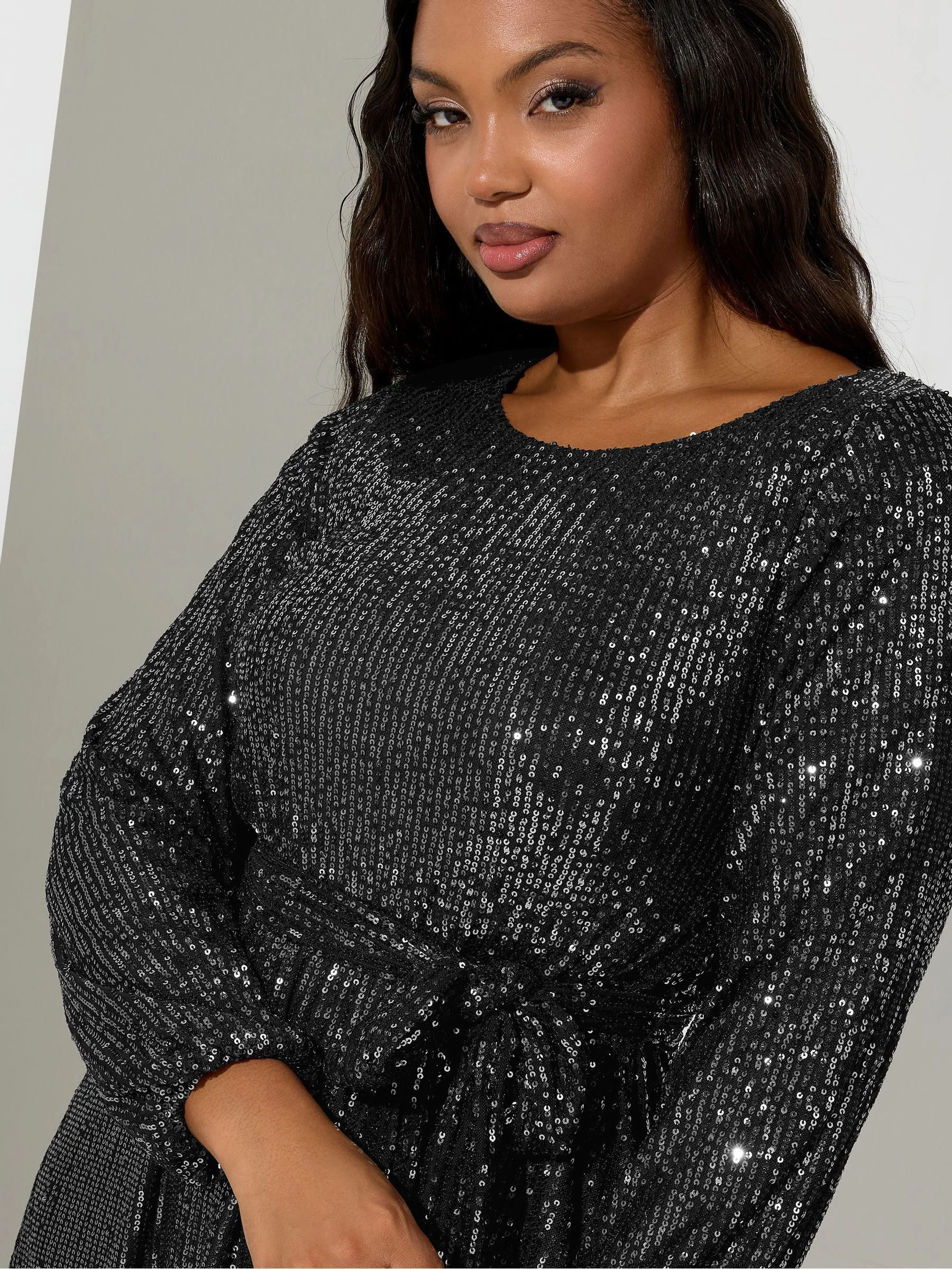 Zilver - Yours Curve London Sequin Long Sleeve Skater Midi Dress