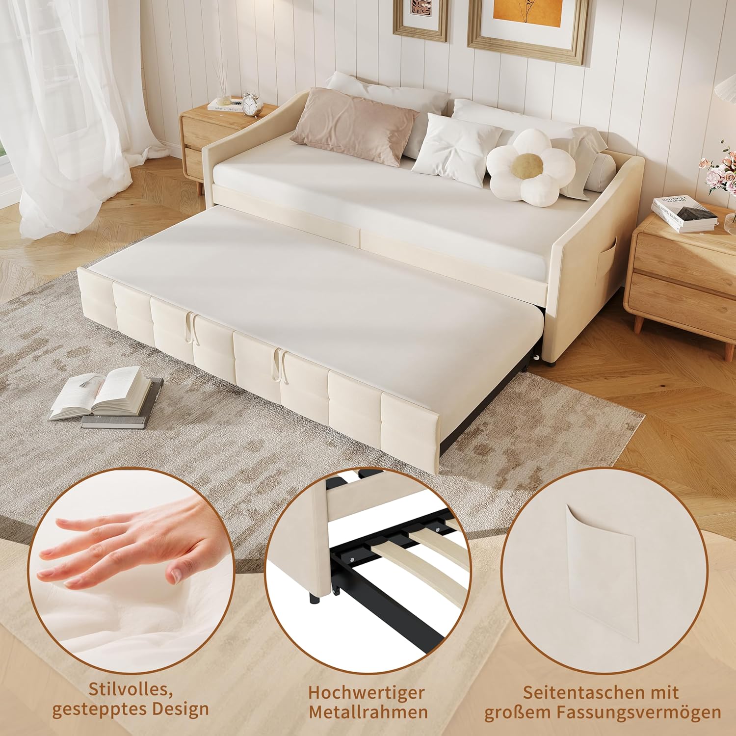 Ausziehbares Schlafsofa aus Samt mit Seitentaschen, modernes 2-Sitzer-Sofa, Space Saving (Crema, 90/180 x 200 cm)