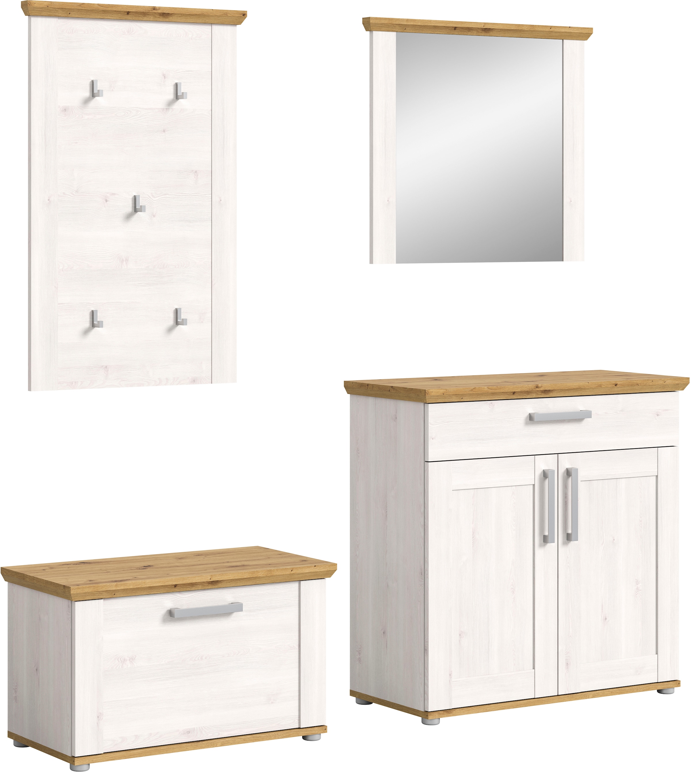 Home affaire Garderoben-Set »COSENZA, TOPSELLER!, Breite ca. 190 cm, 4-teilig, in Landhausoptik« bestehend aus: Sitzbank, Garderobenpaneel, Schuhschrank, Spiegel, 4 Stk. tlg.