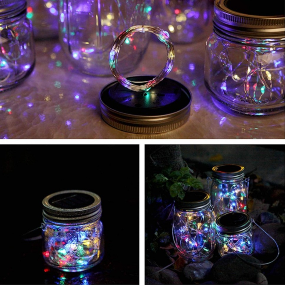 (6er Set) Ø7cm 20 LED's Solar Glas Laterne Flaschenlicht Deckel Outdoor Deko Beleuchtung   Aufhängehaken - Bunt