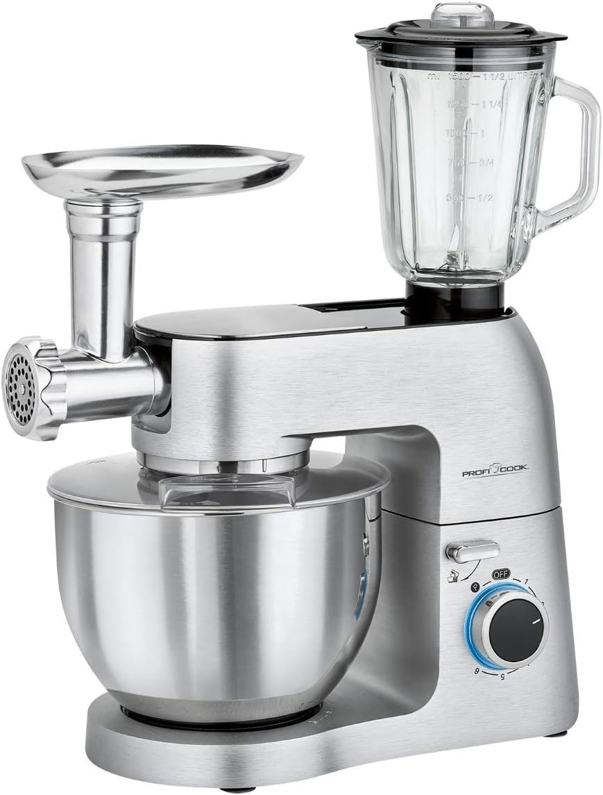 ProfiCook Knetmaschine | Universalküchenmaschine | 3in1 | 8 Geschwindigkeitsstufen | 1500 Watt | 6,7 Liter Edelstahlschüsse | Glas Mixer 1,5 Liter | Fleischwolf | Beleuchteter Drehregler | PC-KM 1189