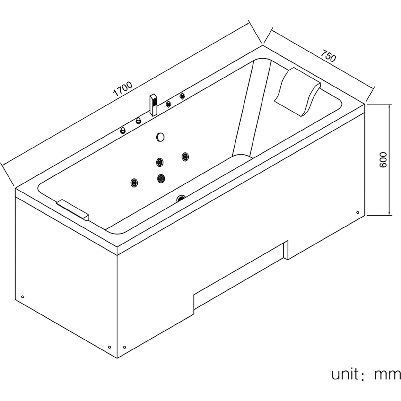 TroniTechnik® Whirlpool Badewanne IOS 170cm x 75cm inkl. Spülfunktion, Hydromassage und Farblichtherapie, Sanitäracryl