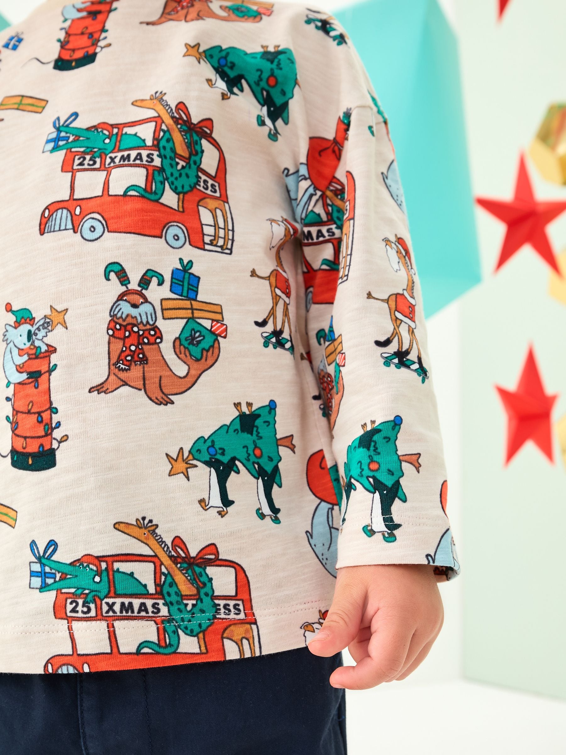 Kiezelkleurige all-over print - Kerst-T-shirt met lange mouwen (3mnd -8jr)