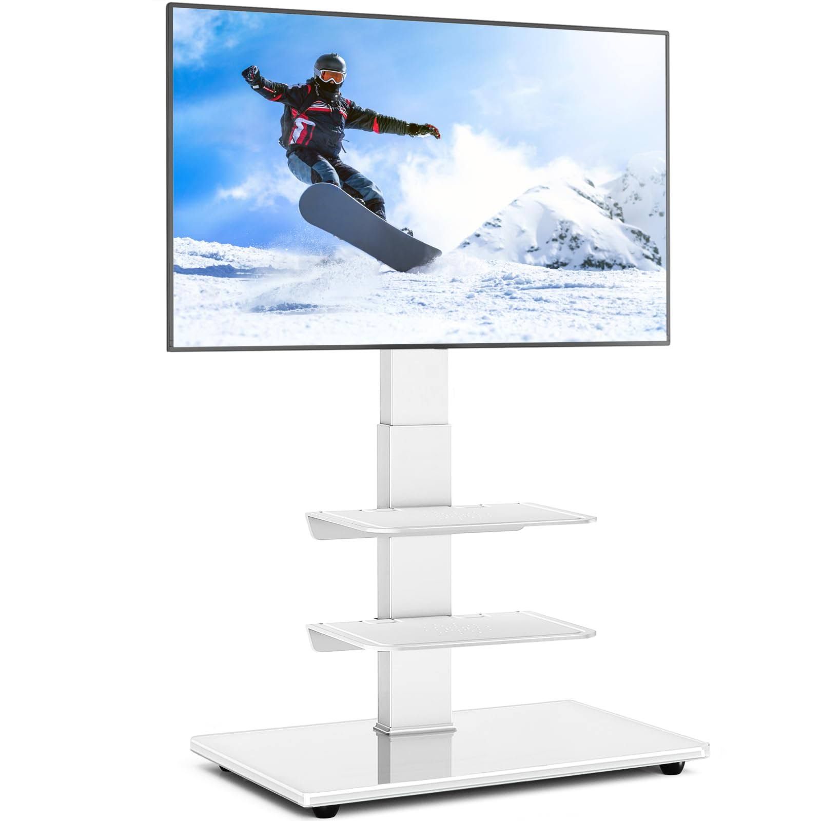 RFIVER Weißer TV Bodenständer TV Ständer TV Standfuß mit 3 Ablagen für 32-70 Zoll Flach Fernsehstand Höhenverstellbar Drehbar Max. VESA 400x400 mm