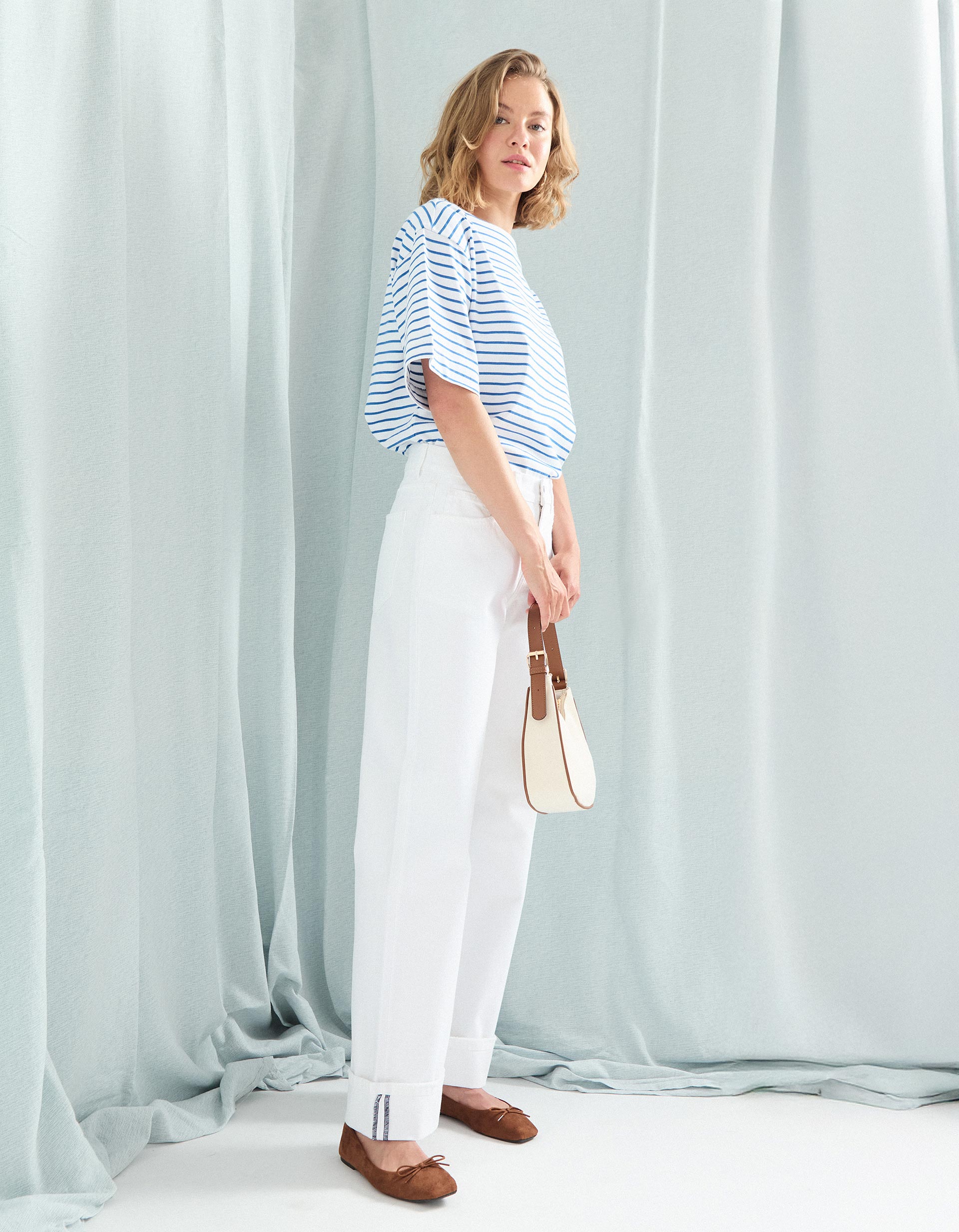 Calças de Ganga Dobradas 'Straight Fit', Mulher, Branco