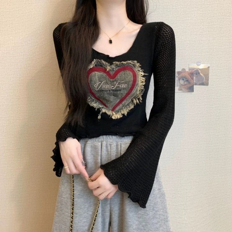 Onipixiy - Crop top met lange mouwen, ronde hals, hartjesmotief en denim patchwork met slarand