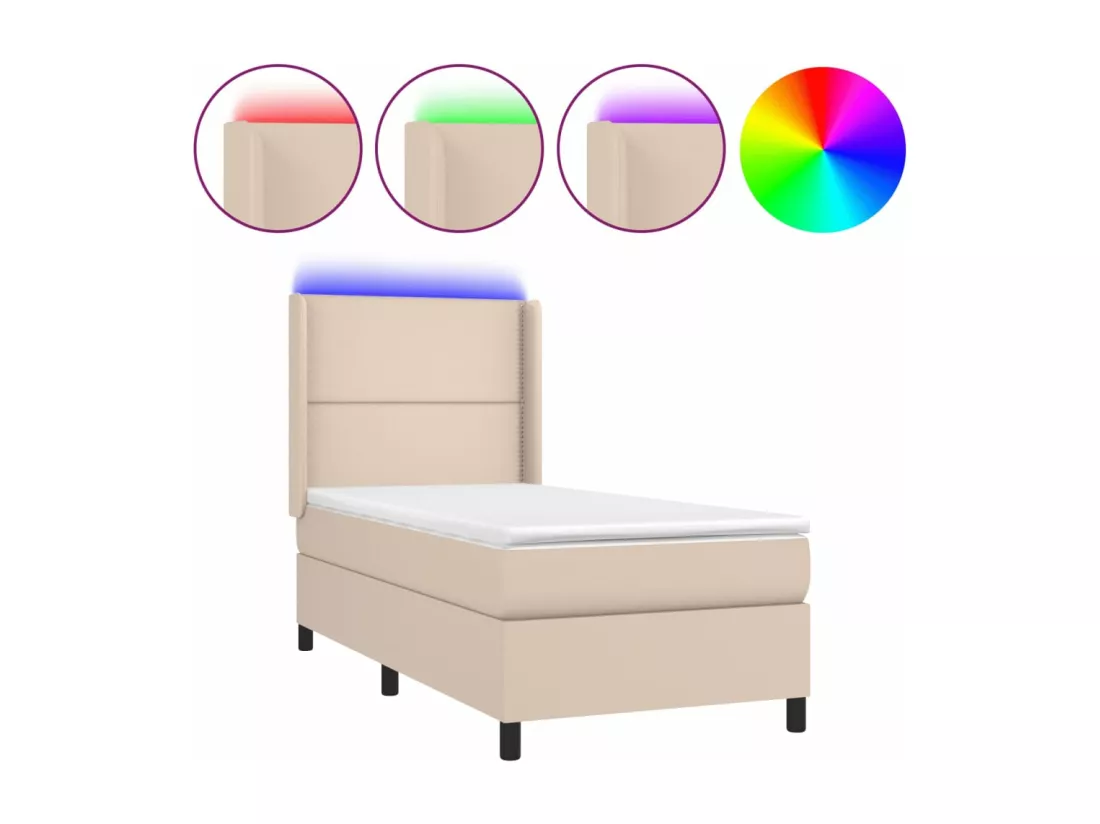 Sommier tapissier matelas et LED Cappuccino 90x200cm Similicuir
