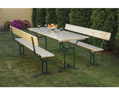 Biertentset met rugleuning, 3-delige set: tafel 220 x 70 cm, banken 220 x 25 cm, sparrenhout, groen/naturel