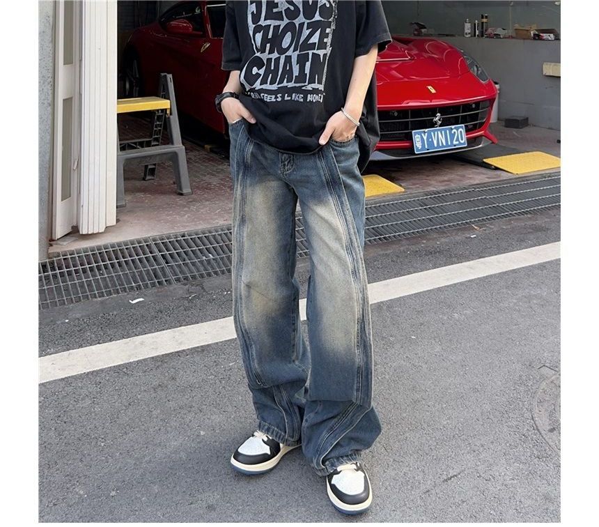 Hushgrain - Mid Rise Washed Panel Straight Leg Jeans