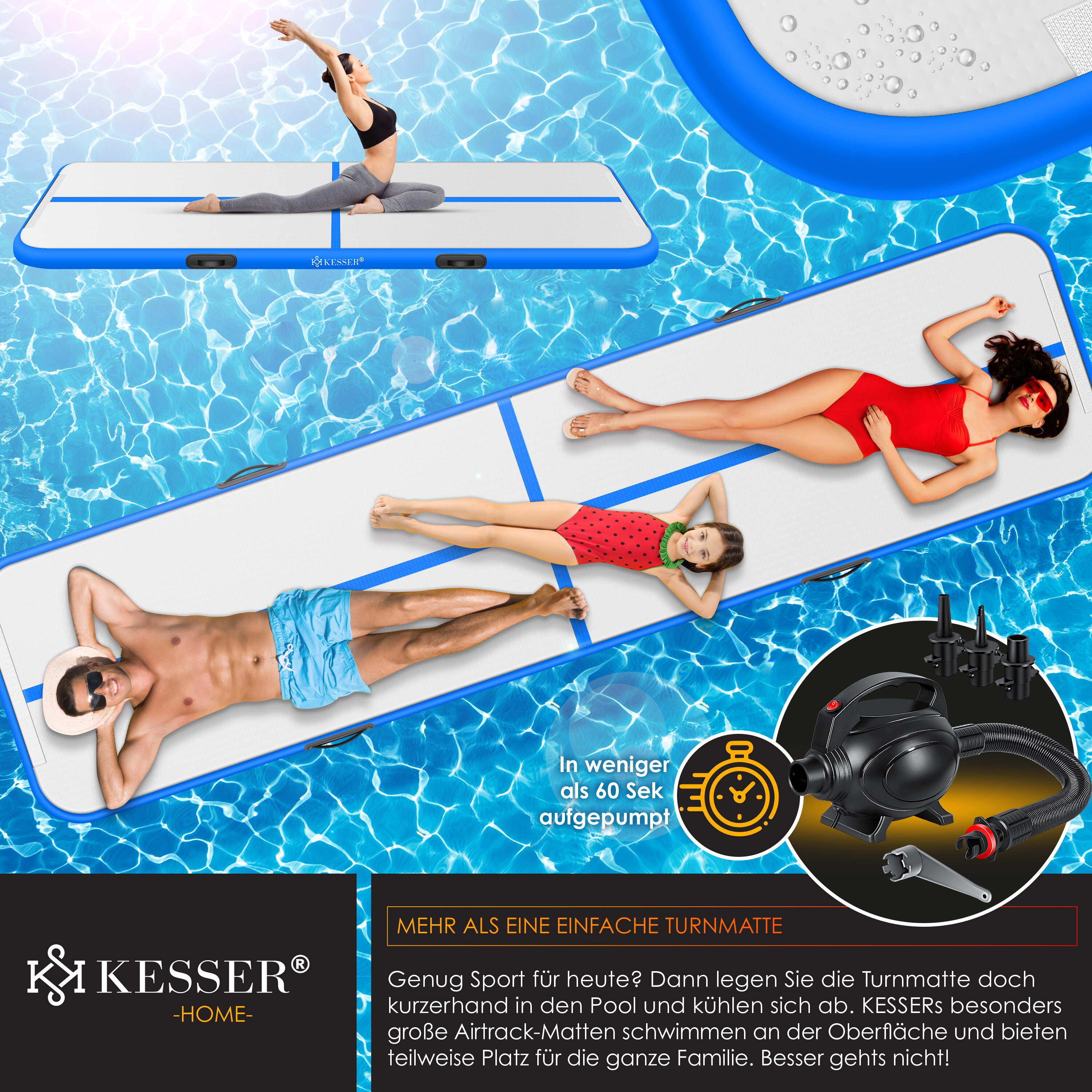 KESSER® Turnmatte Aufblasbar Airtrack Fitness-Matte Gymnastikmatte 3/4/5/6m | inkl. Tragetasche & elektr. Luftpumpe | Yogamatte, Tumbling Matten , Trainingsmatte Sportmatte Yoga, Turn- & Fitness