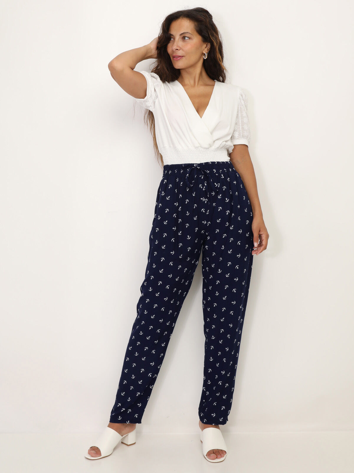 Pantalon léger à motifs ancres- Bleu marine