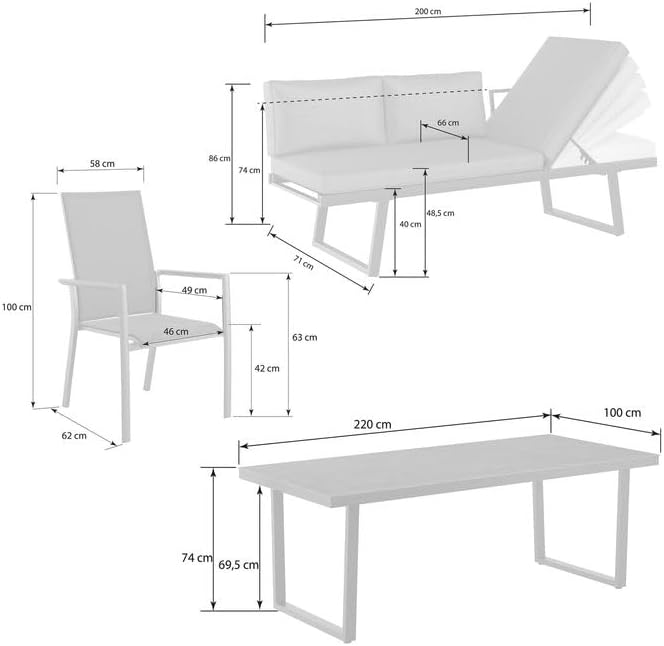 OUTLIV. Gartenmöbel Set Lucca L Aluminium Olefin 6 Personen mit Diningsofa Hochlehner Sesseln Glaskeramik Tisch 220x100 cm Dunkelgrau wetterfest