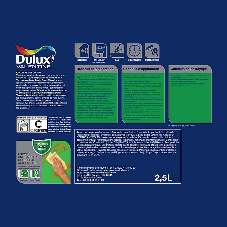 Peinture murs et boiseries Color Resist cuisine Dulux Valentine mat bleu aqua 2,5L