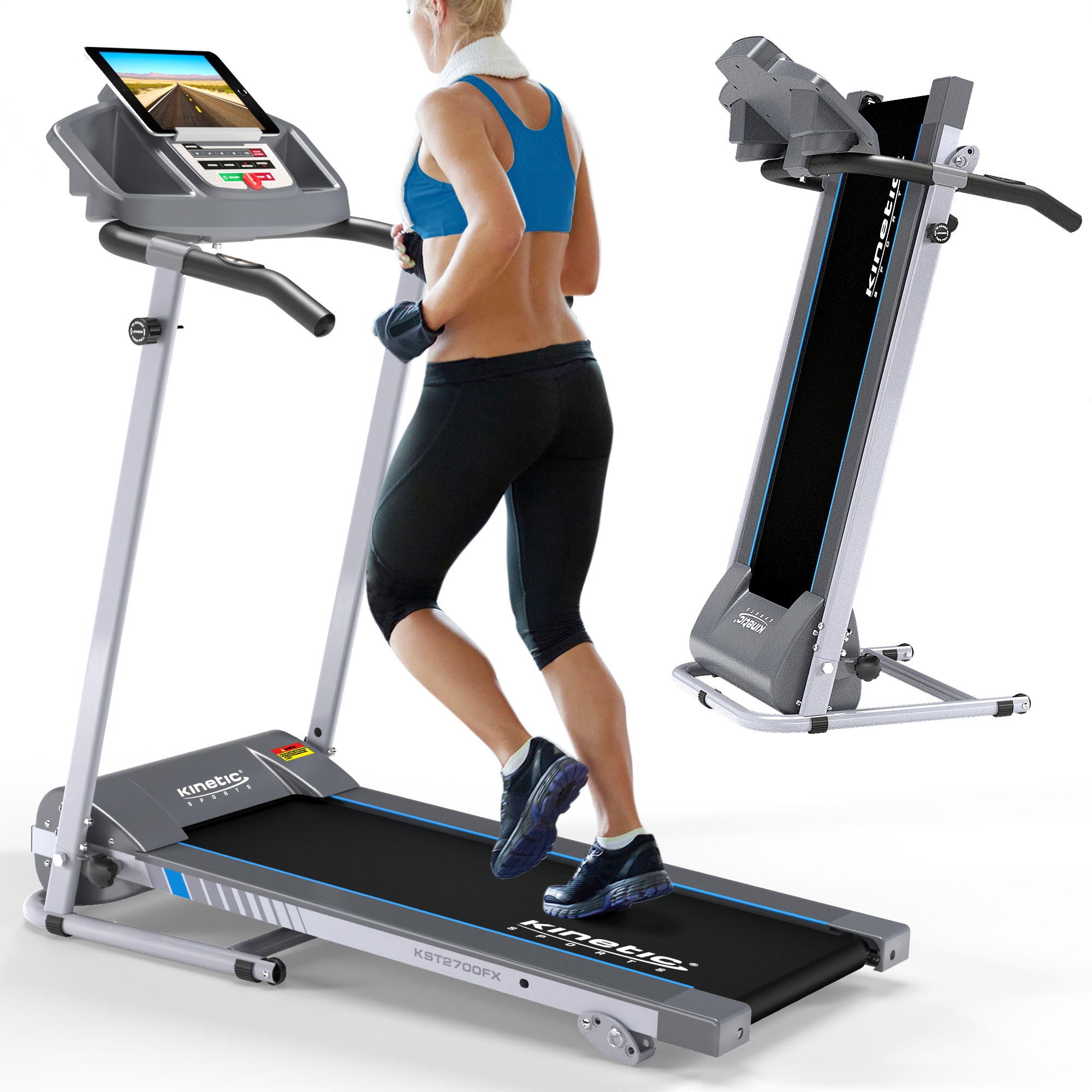 KINETIC SPORTS Laufband für zuhause KST2700FX klappbar - mit Tablethalterung, leiser Elektromotor, 12+1 Programme, LCD Display, Geh- und Lauftraining, stufenlos bis 10 km/h, bis 120 kg | Standard