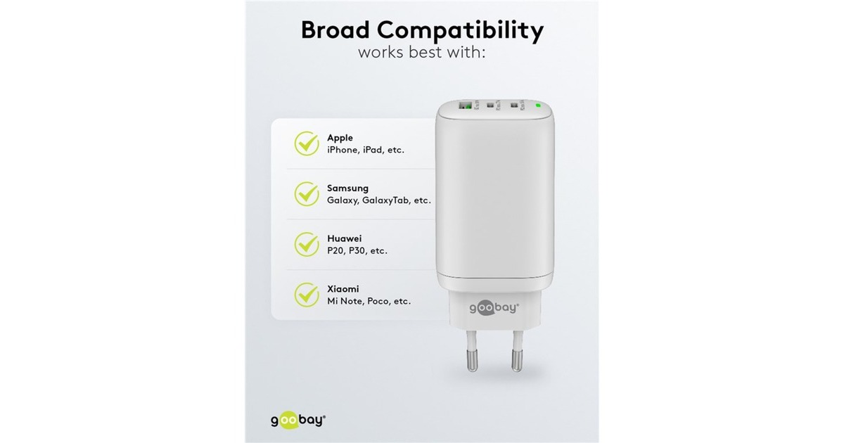 goobayUSB-C PD GaN Multiport snellader (65 W)  (Wit, 2x USB-C, 1x USB-A, Power Delivery, QuickCharge)