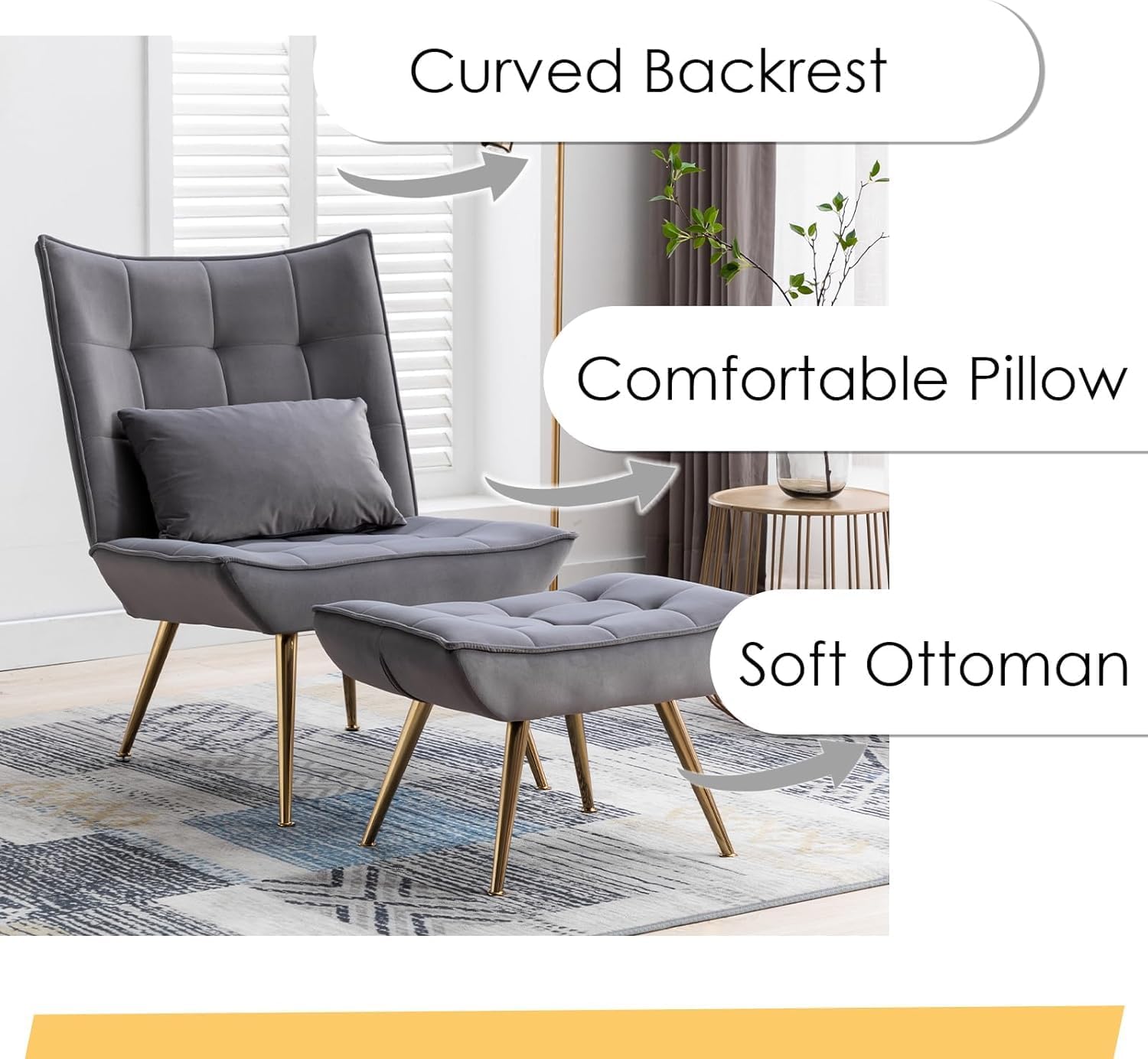 Loungesessel Sessel mit Hocker, Relaxsessel Ohrensessel Polsterstuhl mit Kopfkissen Goldenen Metallbeinen aus Samt, Fernsehsessel Lesesessel für Schlafzimmer Wohnzimmer, Grau