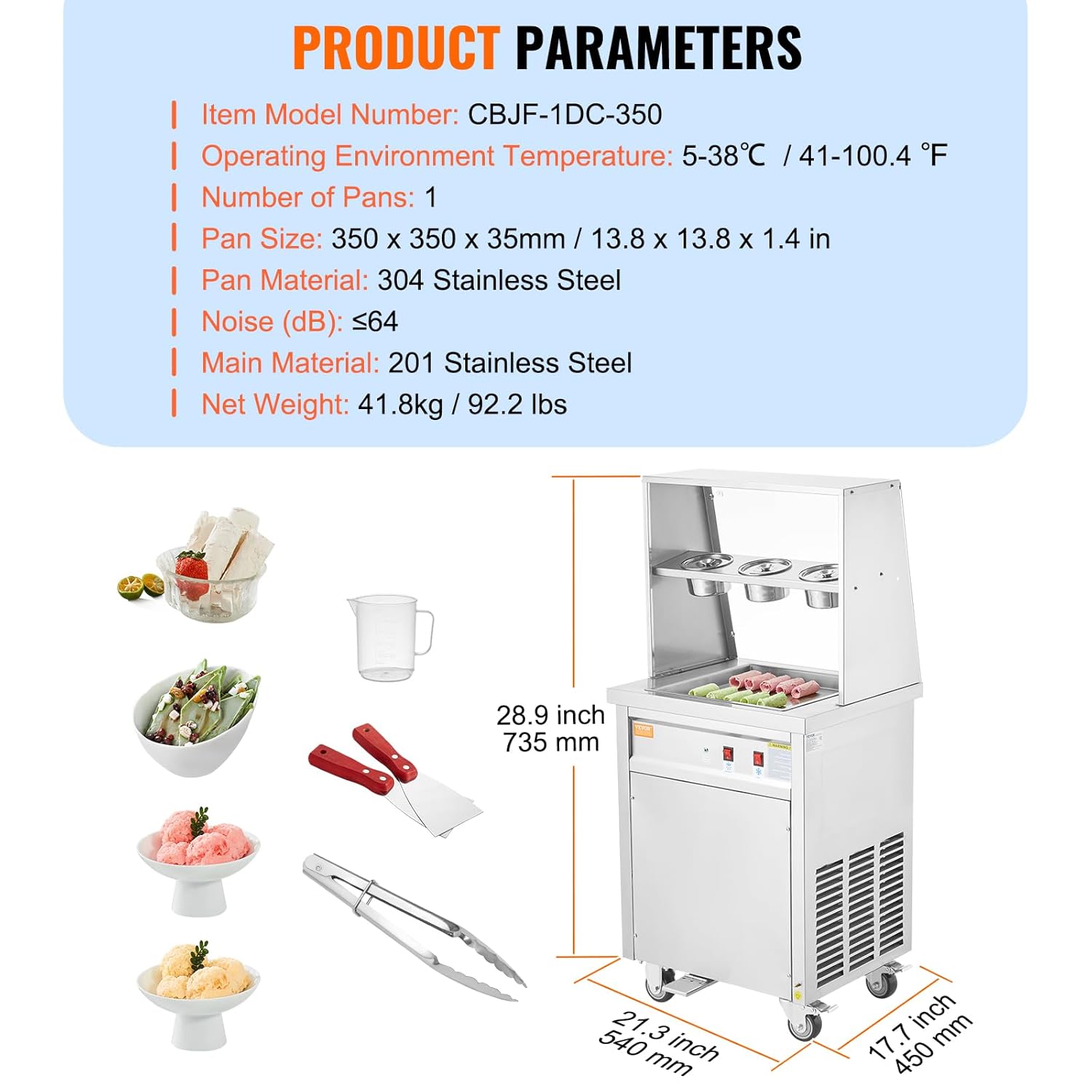 VEVOR Maschine für Frittierte Eisrollen, Quadratische 35,4 x 35,4 cm Große Pfanne zum Frittieren von Eis, Kommerzielle Eismaschine aus Edelstahl mit Kompressor und 2 Schabern