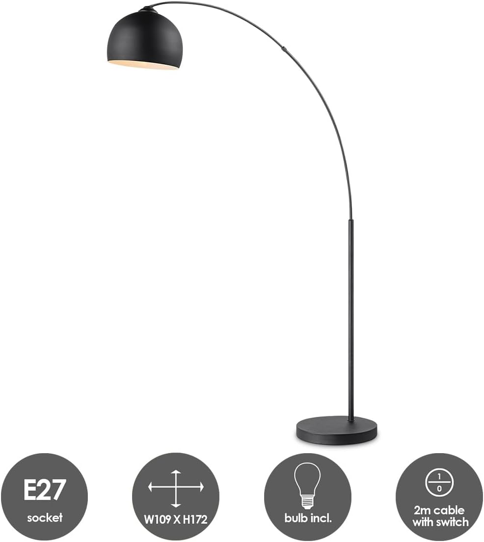 Home Sweet Home Bogenlampe Stehlampe Schwarz Metall 172cm, Stehleuchte Wohnzimmer Industrial Design, E27 Bogenleuchte mit Fußschalter & LED