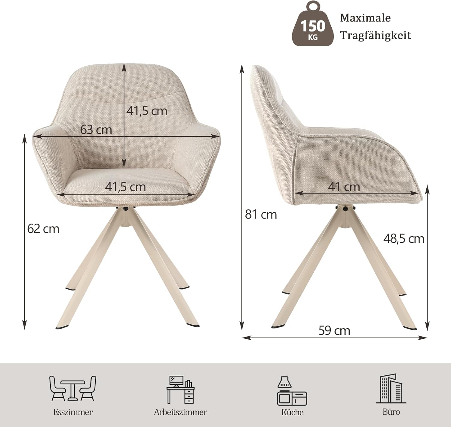 Esszimmerstuhl Beige mit Armlehne 4er Set drehstuhl Esszimmer Küchenstuhl Polsterstuhl aus Polyester mit Metallbeine und Rückenlehne für Esszimmer Küche Büro