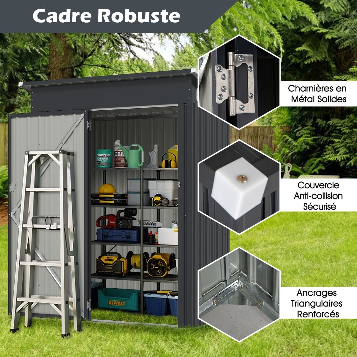 Abri de Rangement Toutes Saisons Abri à Outils Utilitaire avec Toit en Pente Porte Ouvrante Aérations Cadre en Métal Galvanisé Gris - Lidl-Manfred