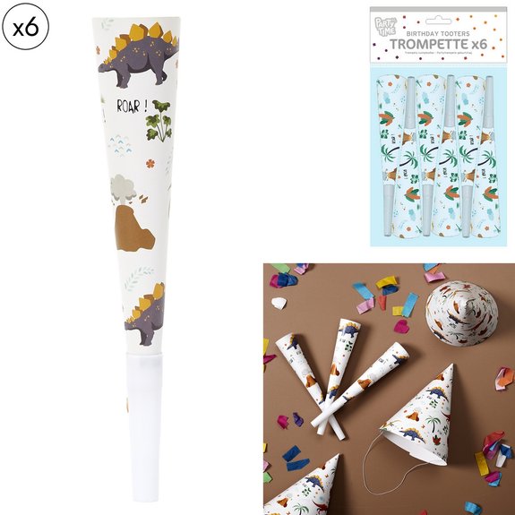 6 trompettes de fête dinosaure